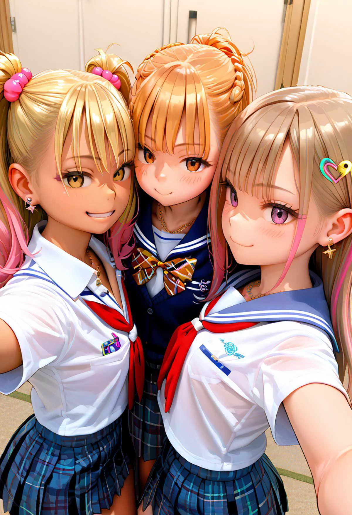 score_9, score_8_up, score_7_up, score_6_up, source_anime,
3girls, skinny, young girls, group selfie, gyaru, jewellery, accessories, school uniform
