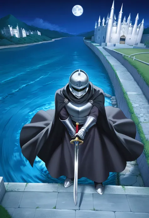 score_7_up, BREAK source_anime, 1boy, dark knight, (helmet), black cape, holding sword, from above, looking at viewer, castle, road, river, night, moon