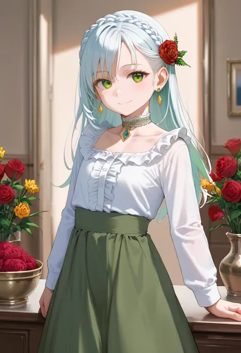 score_9, score_8_up, 1girl, kawaii, solo, green eyes, jewelry, long hair, hair ornament, skirt, hair flower, crown braid, earrings, looking at viewer, flower, white hair, indoors, braid, shirt, white shirt, smile, blurry, frills, long sleeves, frilled shirt, blurry background, green skirt, sidelocks, standing, choker, gem, closed mouth, rose