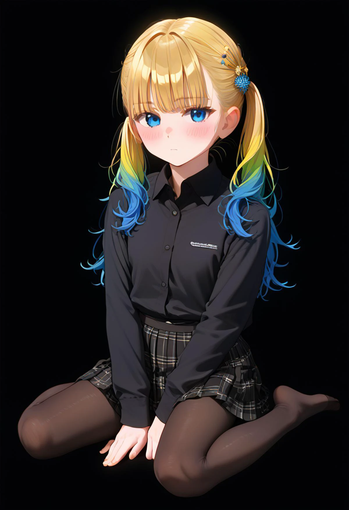 source_anime, ((score_9)),score_8_up,score_7_up,score_6_up,score_5_up,score_4_up,
1girl, solo, long hair, looking at viewer, blush, bangs, black background, hair ornament, blue eyes, 1girl, black background, twintails, blue hair, sitting , full body, gold hair, multicolored hair, gradient hair, pantyhose, no shoes, black skirt, black shirt, black school uniform, multicolored clothes, best quality, amazing quality, very aesthetic, absurdres
best quality, masterpiece, absurdres