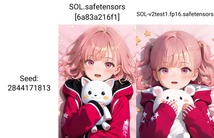 source_anime, ((score_9)),score_8_up,score_7_up,score_6_up,score_5_up,score_4_up,
1girl, solo, looking at viewer, blush, open mouth, bangs, long sleeves, jacket, pink hair, hood, pink eyes, star \(symbol\), :o, sleeves past wrists, hooded jacket, red jacket, hood up, star print. upper body, pov, pink room, hugging doll, from above