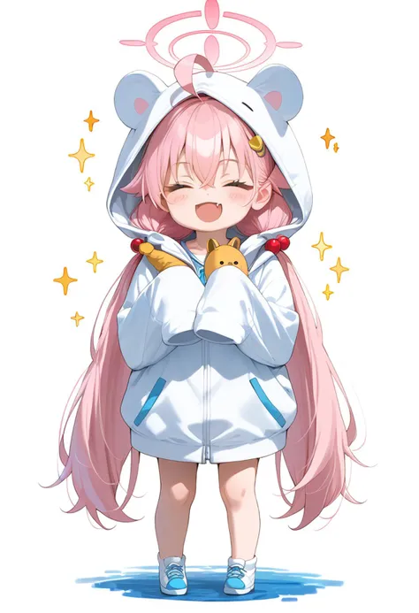 score_9,score_8_up,score_7_up,1girl,hoshino (blue archive),fang,pink hair,solo,twintails,hood,ahoge,long hair,chibi,halo,low twintails,closed eyes,hair ornament,bangs,blush,smile,standing,full body,very long hair,open mouth,facing viewer,hair bobbles,hoodie,stuffed toy,long sleeves,hood up,stuffed animal,:d,skin fang,hair between eyes,white hoodie,holding,simple background,=_=,sparkle,sleeves past fingers,animal hood,