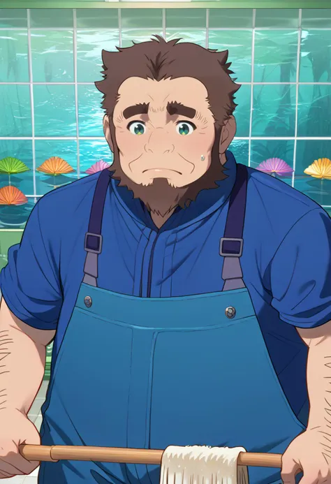 score_9, score_8_up, score_7_up, source_anime, umiyan, solo, male focus, old man, middle-aged, fat, manly, bara, musclegut, mature male, muscular male, worried, sweatdrop, holding mop, cleaning aquarium, aqua overalls, translucent blue shirt, wet clothes, bulge, brown hair, short hair, beard, hairy, arm hair, water drop, green eyes, thick eyebrows, sideburns, wide shot, fisheye, reflection, ray tracing, intricate detail, 8k, best quality, masterpiece, amazing quality, best aesthetic, absurdres, <lora:umiyan_pony-10:1.2>