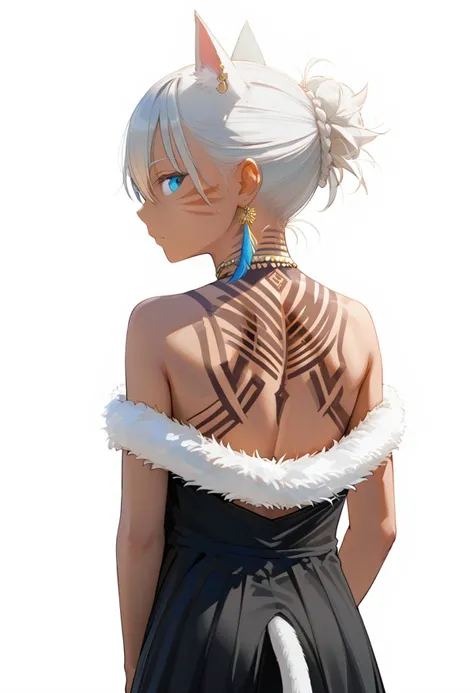 score_9, score_8_up, score_7_up, 1girl, y'shtola rhul, animal ears, archon mark, black dress, blue eyes, closed mouth, dark-skinned female, dress, earrings, expressionless, facial mark, feather earrings, feathers, from behind, fur-trimmed dress, fur trim, hair between eyes, jewelry, looking at viewer, looking back, miqo'te, neck tattoo, sidelocks, solo, sunlight, tattoo, whisker markings, white hairv
