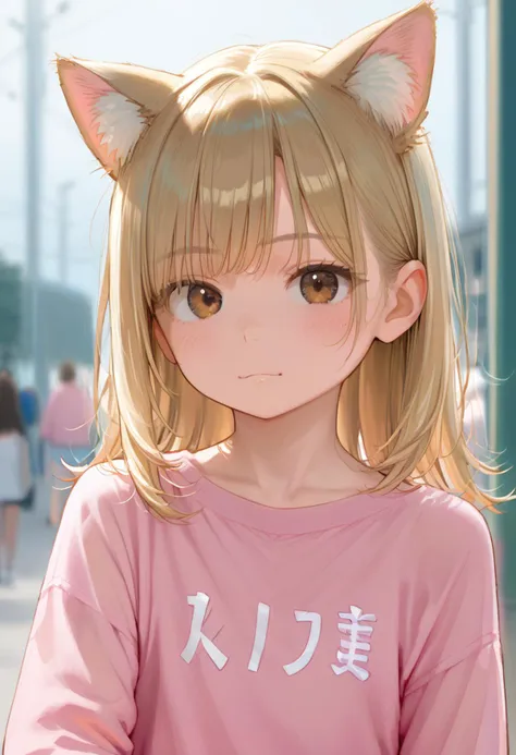 score_9, score_8_up, 1girl, kawaii, animal ears, blonde hair, brown eyes, looking at viewer, upper body, animal ear fluff, pink shirt, blurry, long sleeves, depth of field