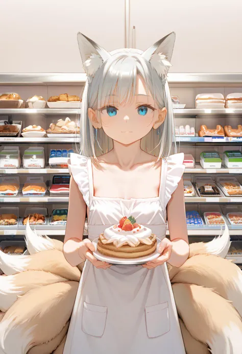 score_9, score_8_up, 1girl, cute, solo, symmetry, straight on, upper body, fox ears, fox tail, kyuubi, multiple tails, small breasts, animal ear fluff, (ear tufts:1.2), maid, pastry, shop, standing, old shop, old interior, cozy, comfy, soft lighting, warm lighting