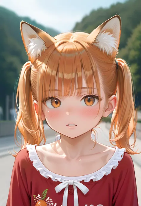 score_9, score_8_up, 1girl, animal ears, solo, twintails, animal ear fluff, looking at viewer, outdoors, upper body, fox ears, orange hair, blurry background, blurry, parted lips, blush, orange eyes, ribbon, shirt, neck ribbon, depth of field, fox girl, collarbone, day, red shirt, frills