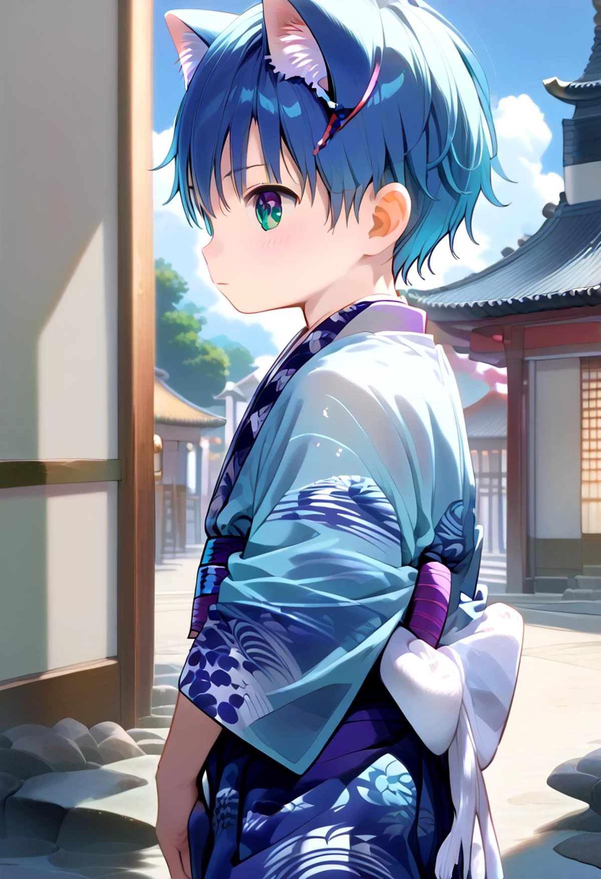 score_9, score_8_up, score_7_up, rating_safe, BREAK
straight on shot, standing,detailed eyes, village,
<lora:cutifiedanimecharacterdesign_variant_type_G_PonyXL_v10:1>, 1boy, type-g, cat boy, blue hair, Kimono, long pants