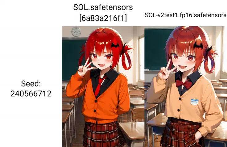 source_anime, ((score_9)),score_8_up,score_7_up,score_6_up,score_5_up,score_4_up,
1girl, satanichia kurumizawa mcdowell, gabriel dropout, fang, collared shirt, red hair, red eyes, hair rings, bat hair ornament, school uniform, red necktie, black shirt, pleated skirt, red skirt, smile, open mouth, orange cardigan, v, blush, indoors, classroom,