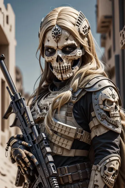 blonde barbie, cute, girly, skull mask, armor, army, holding weapon, thedeathsquad
