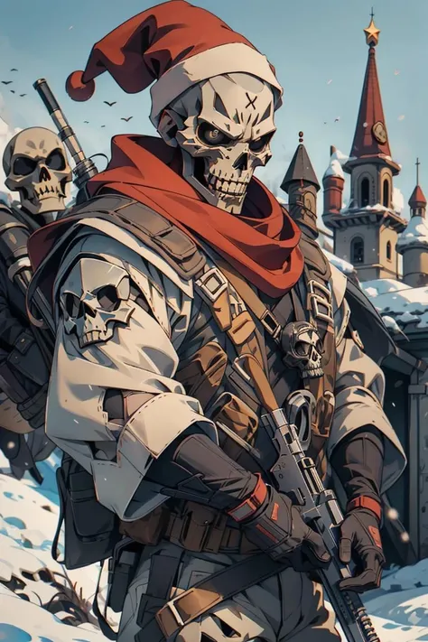 santa claus, santa costume, red, skull mask, armor, army, christmas, chromatic aberration, holding weapon, thedeathsquad