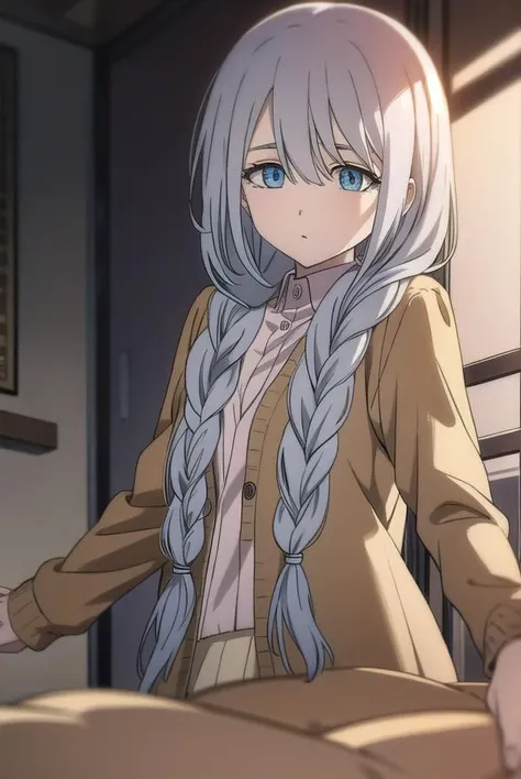 sayatakatori, <lyco:sayatakatori-lyco-nochekaiser:1>,
saya takatori, long hair, braid, grey hair, single braid, hair over shoulder,
BREAK skirt, long sleeves, dress, cardigan, long skirt,
BREAK looking at viewer,
BREAK indoors,
BREAK <lora:GoodHands-vanilla:1>, (masterpiece:1.2), best quality, high resolution, unity 8k wallpaper, (illustration:0.8), (beautiful detailed eyes:1.6), extremely detailed face, perfect lighting, extremely detailed CG, (perfect hands, perfect anatomy),