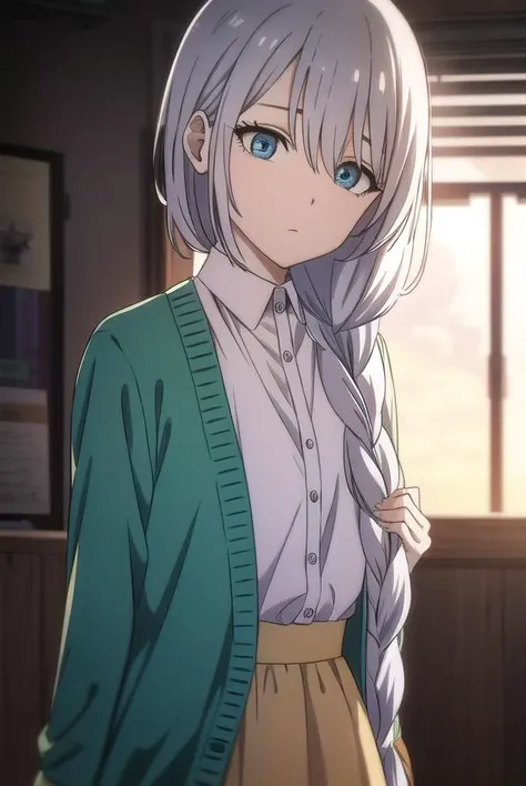 sayatakatori, <lyco:sayatakatori-lyco-nochekaiser:1>,
saya takatori, long hair, braid, grey hair, single braid, hair over shoulder,
BREAK skirt, long sleeves, dress, cardigan, long skirt,
BREAK looking at viewer,
BREAK indoors,
BREAK <lora:GoodHands-vanilla:1>, (masterpiece:1.2), best quality, high resolution, unity 8k wallpaper, (illustration:0.8), (beautiful detailed eyes:1.6), extremely detailed face, perfect lighting, extremely detailed CG, (perfect hands, perfect anatomy),