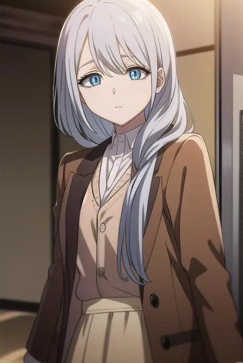 sayatakatori, <lyco:sayatakatori-lyco-nochekaiser:1>,
saya takatori, long hair, grey hair, hair over shoulder,
BREAK skirt, long sleeves, jacket, long skirt, brown jacket,
BREAK looking at viewer,
BREAK indoors,
BREAK <lora:GoodHands-vanilla:1>, (masterpiece:1.2), best quality, high resolution, unity 8k wallpaper, (illustration:0.8), (beautiful detailed eyes:1.6), extremely detailed face, perfect lighting, extremely detailed CG, (perfect hands, perfect anatomy),