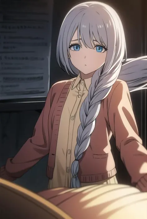 sayatakatori, <lyco:sayatakatori-lyco-nochekaiser:1>,
saya takatori, long hair, braid, grey hair, single braid, hair over shoulder,
BREAK skirt, long sleeves, dress, cardigan, long skirt,
BREAK looking at viewer,
BREAK indoors,
BREAK <lora:GoodHands-vanilla:1>, (masterpiece:1.2), best quality, high resolution, unity 8k wallpaper, (illustration:0.8), (beautiful detailed eyes:1.6), extremely detailed face, perfect lighting, extremely detailed CG, (perfect hands, perfect anatomy),