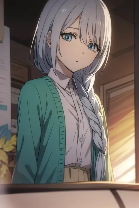 sayatakatori, <lyco:sayatakatori-lyco-nochekaiser:1>,
saya takatori, long hair, braid, grey hair, single braid, hair over shoulder,
BREAK skirt, long sleeves, dress, cardigan, long skirt,
BREAK looking at viewer,
BREAK indoors,
BREAK <lora:GoodHands-vanilla:1>, (masterpiece:1.2), best quality, high resolution, unity 8k wallpaper, (illustration:0.8), (beautiful detailed eyes:1.6), extremely detailed face, perfect lighting, extremely detailed CG, (perfect hands, perfect anatomy),