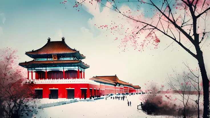 masterpiece,best quality,colorful inkpainting,no humans,tree,scenery,outdoors,snow,sky,building,bare tree,<lora:colorful-inkpainting-15_v1.0:0.8>,The Forbidden City,