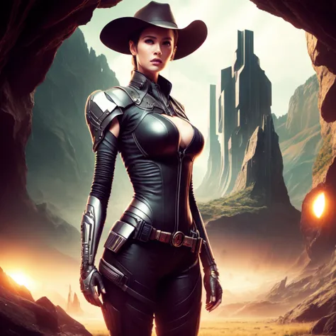 an attractive woman [gunslinger:bounty hunter:0.4] standing in a scifi wilderness (cubicsingularity style:1) <lora:djzCubicSingularity_LB2:0.8>