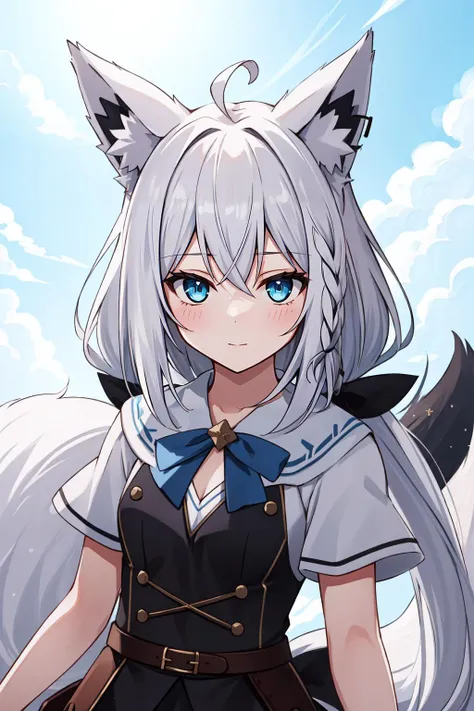 (masterpiece, best quality),  intricate details,
1girl,  <lyco:KitsuneAi-FBK-LoCon32V2:0.8> white hair, fox tail, fox ears,  blue eyes, white ahoge, 
fcPortrait,   <lora:cowgirl_outfit_v0.1a:0.8> cowgirl outfit,