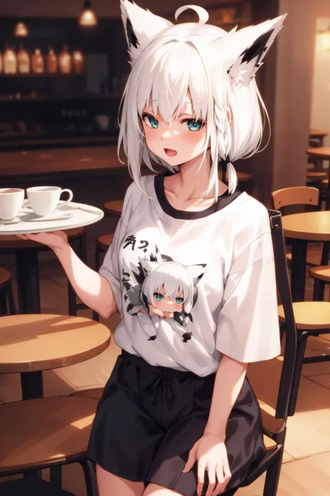 shirakami fubuki wearing a tshirt, white hair <lyco:KitsuneAi-FBK-LoCon32V2:0.8>
BREAK
at a cafe