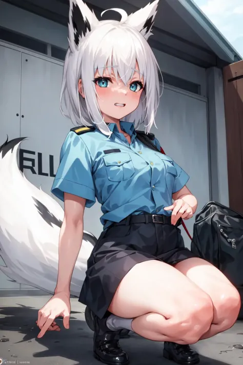 shirakami fubuki, girl, police uniform, white hair<lyco:KitsuneAi-FBK-LoCon32V2:0.8>