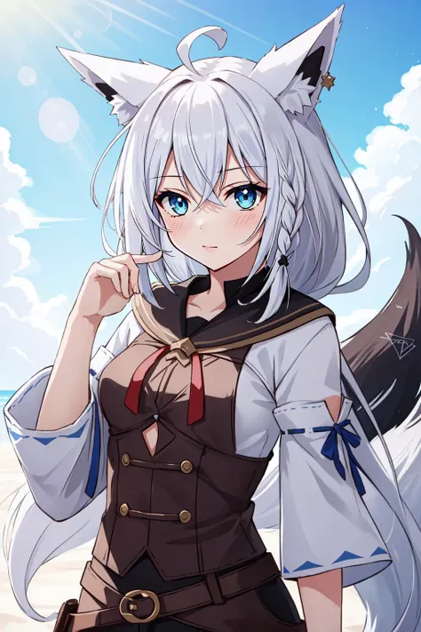 (masterpiece, best quality),  intricate details,
1girl,  <lyco:KitsuneAi-FBK-LoCon32V2:0.8> white hair, fox tail, fox ears,  blue eyes, white ahoge, 
prettify,   <lora:cowgirl_outfit_v0.1a:0.8> cowgirl outfit,