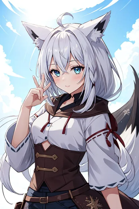 (masterpiece, best quality),  intricate details,
1girl,  <lyco:KitsuneAi-FBK-LoCon32V2:0.8> white hair, fox tail, fox ears,  blue eyes, white ahoge, 
OverallDetail,   <lora:cowgirl_outfit_v0.1a:0.8> cowgirl outfit,