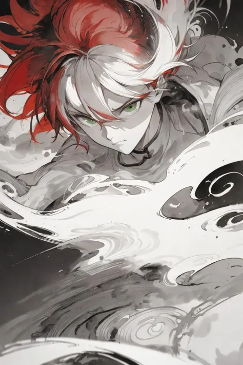 masterpiece,best quality,(close-up:1.2),magic,dramatic lighting,surreal,painting style,soft,<lora:Kurama:0.8>,(1boy:1.3),swirling vortexes white and red hair,(There is more white hair in red hair:1.1),yellow chinese clothes,long hair,green eyes,sidelocks,<lora:more_details:0.6>,Pointed ears,<lora:EnjiPainting çè_v1.0:0.5>,enji,watercolor painting,Fierce look,<lora:chinkstyle3-000006:0.4>,chinkstyle,ink painting,greyscale,black swirling vortexes black cloudy and smoke and black background,The hair blends in with the background,white mist around,