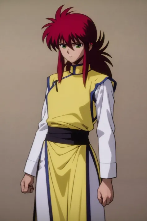 masterpiece, best quality, 1boy, kuramaalt, long hair, red hair, green eyes, yellow chinese clothes, white long sleeves, white pants, solo, standing, contrapposto, simple background <lora:Kurama:1>