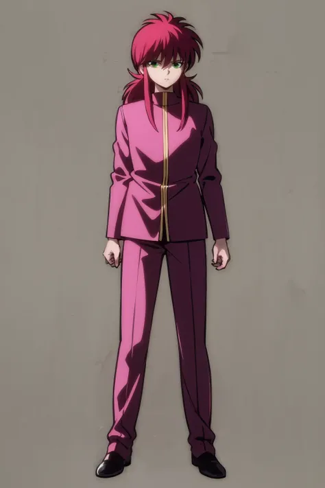 masterpiece, best quality, 1boy, flower, kuramastd, long hair, red hair, green eyes, full body, solo, standing, contrapposto, pink school uniform, pink uniform, simple background <lora:Kurama:1>