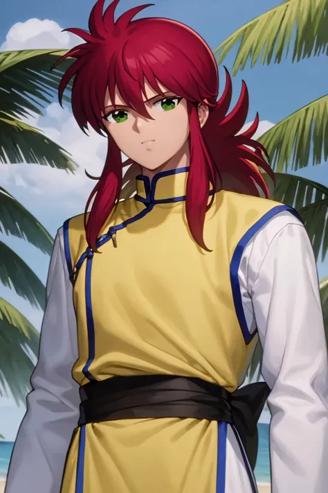 masterpiece, best quality, 1boy, kuramaalt, long hair, red hair, green eyes, upper body, solo, yellow chinese clothes, white long sleeves, sea, sand, tropical island background <lora:Kurama:1>