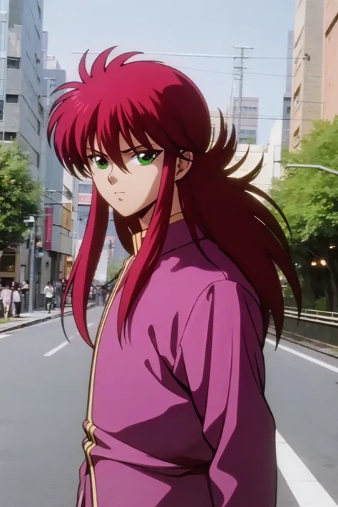 masterpiece, best quality, 1boy, flower, kuramastd, long hair, red hair, green eyes, upper body, solo, pink school uniform, pink uniform, tokyo street background <lora:Kurama:1>