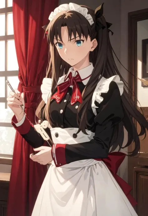 best quality, masterpiece, highres, solo, {tohsaka_rin_fatestaynightufotable:0.90}, {maid:1.40}, {long maid dress:1.15}