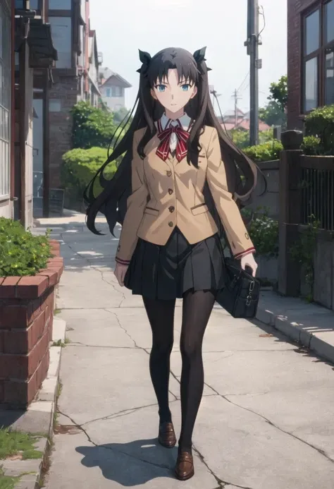 best quality, masterpiece, highres, solo, {tohsaka_rin_fatestaynightufotable:0.90}, 1girl, homurahara_academy_school_uniform, black_pantyhose, skirt