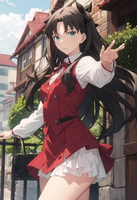 Without skirt、The skirt is flipped up、Without skirt、White underwear、In underwear、Panties in full view、White panties、 1, 1girl, asahina mikuru, long hair, kita high , solo, short sleeves, red ribbon, large breasts, cowboy shot, waving, outdoors, Underwear in full view、From the back