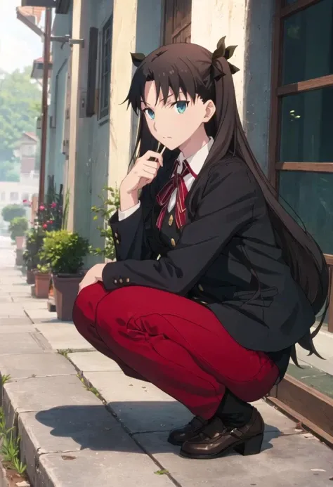{safe:1.10}, best quality, masterpiece, highres, solo, {tohsaka_rin_fatestaynightufotable:0.90}, squatting, cowboy_shot, looking at viewer