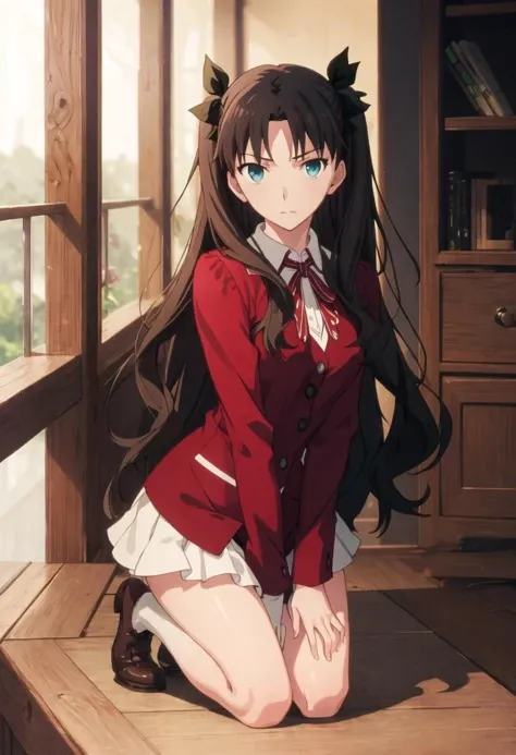 {safe:1.10}, best quality, masterpiece, highres, solo, {tohsaka_rin_fatestaynightufotable:0.90}, kneeling, kneeling on one knee, on one knee, cowboy_shot, looking at viewer