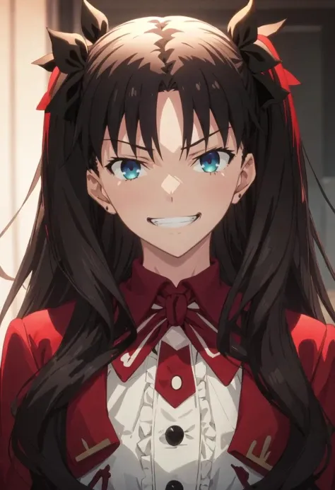 best quality, masterpiece, highres, solo, {tohsaka_rin_fatestaynightufotable:0.90}, evil_grin, evil_smile, grin, portrait, looking at viewer