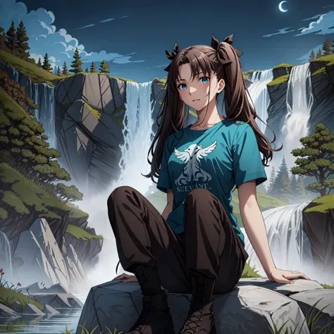 (masterpiece:1.2, best quality:1.1, highres,absurdres, high quality),(photorealistic:1.1),reflected light, colorful,ultra-detailed,8k, ultra hd, super detailed,
blue eyes, brown hair, twintails, tohsaka_rin_fatestaynightufotable,_tmp_tmpm0hgjq3f_tohsaka_rin_fatestaynightufotable, (waterfall):1.2, forest, (green t-shirt), military pants,black footwear, short sleeves, sitting on stone,(night, night sky, moonlight), 
 <lora:_tmp_tmpm0hgjq3f_tohsaka_rin_fatestaynightufotable:0.85>