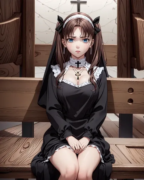 (masterpiece:1.2, best quality:1.1, highres,absurdres, high quality),(photorealistic:1.1),reflected light, colorful,ultra-detailed,8k, ultra hd, super detailed,
blue eyes, brown hair, twintails, tohsaka_rin_fatestaynightufotable,_tmp_tmpm0hgjq3f_tohsaka_rin_fatestaynightufotable,cross necklaces,dress,(nun),cleavage,black dress, sitting on bench, (no headwear),( church), looking at viewer, (from below), disgusted face, shaded face, disgust,full body,
<lora:_tmp_tmpm0hgjq3f_tohsaka_rin_fatestaynightufotable:0.9> <lora:unu修女V1:0.6> <lora:disgusted:0.7>