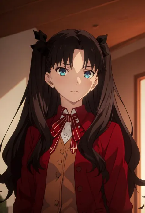 best quality, masterpiece, highres, solo, (tohsaka_rin_fatestaynightufotable:1.10), 1girl, red_jacket, homurahara_academy_school_uniform, looking_at_viewer, upper_body, anime_style, 2 <lora:tohsaka_rin_fatestaynightufotable:0.80>