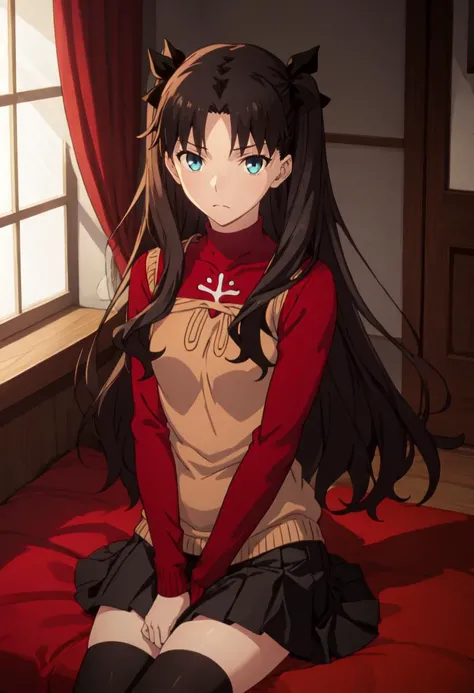 best quality, masterpiece, highres, solo, (tohsaka_rin_fatestaynightufotable:1.10), 1girl, black_skirt, black_thighhighs, turtleneck, zettai_ryouiki, anime_coloring, long_sleeves, miniskirt, pleated_skirt, brown_hair, black_ribbon, sitting, indoors, looking_at_viewer, hand_between_legs, red_sweater, anime_style, 16 <lora:tohsaka_rin_fatestaynightufotable:0.80>
