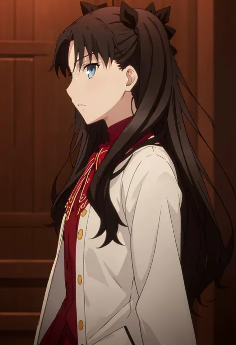 (safe:1.10), best quality, masterpiece, highres, solo, (tohsaka_rin_fatestaynightufotable:1.10), profile, from_side, upper_body, anime_style, 26 <lora:tohsaka_rin_fatestaynightufotable:0.80>