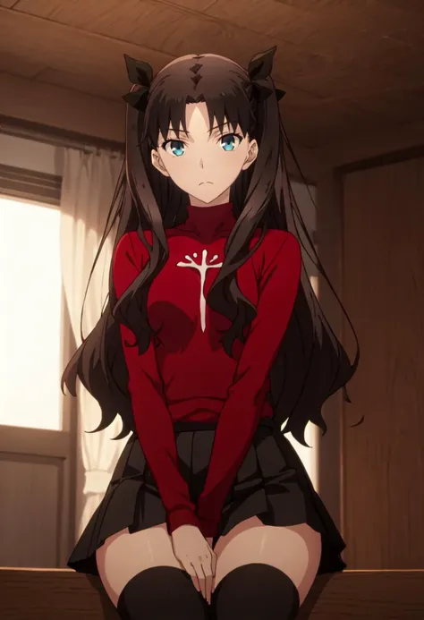 master masterpiece, best-quality, Ultra Hi-Res, glory wall, (medium boob:1.2),trembling,1girl, Rin Tohsaka, aqua eye, black hair, hair ribbon, long hair, ribbon, side lock, two side up, long sleeve, ((red sweater)), turtleneck looking at viewer, sweat, ahegao, open mouth, open eyes, (Nose Blush:1,2), crying, beautiful eyes, (pov:0.8)