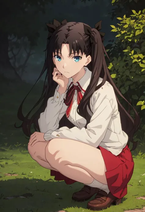 (safe:1.10), best quality, masterpiece, highres, solo, (tohsaka_rin_fatestaynightufotable:1.10), squatting, cowboy_shot, looking at viewer, anime_style, 40 <lora:tohsaka_rin_fatestaynightufotable:0.80>