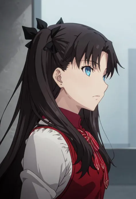 (safe:1.10), best quality, masterpiece, highres, solo, (tohsaka_rin_fatestaynightufotable:1.10), profile, from_side, upper_body, anime_style, 25 <lora:tohsaka_rin_fatestaynightufotable:0.80>