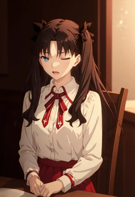 best quality, masterpiece, highres, solo, (tohsaka_rin_fatestaynightufotable:1.10), 1girl, collared_shirt, upper_body, open_mouth, anime_coloring, chair, closed_eyes, hair_down, sitting, anime_style, 19 <lora:tohsaka_rin_fatestaynightufotable:0.80>