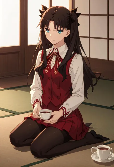 best quality, masterpiece, highres, solo, (tohsaka_rin_fatestaynightufotable:1.10), 1girl, homurahara_academy_school_uniform, tatami, zabuton, seiza, table, cup, black_skirt, pantyhose, vest, anime_style, 18 <lora:tohsaka_rin_fatestaynightufotable:0.80>