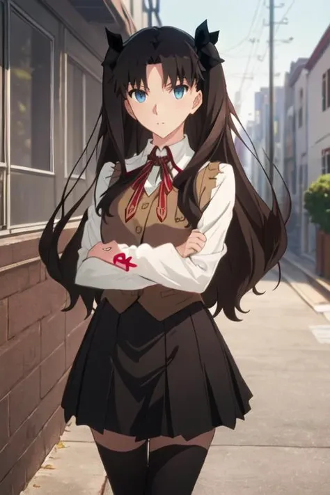 best quality, masterpiece, highres, solo, {tohsaka_rin_fatestaynightufotable:1.15}, long_hair, black_hair, ribbon, two_side_up, hair_ribbon, blue_eyes, brown_hair, 1girl, homurahara_academy_school_uniform, school_uniform, vest, looking_at_viewer, neck_ribbon