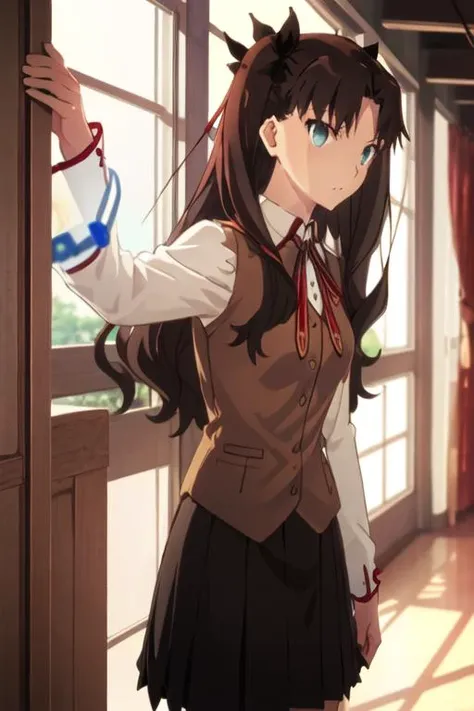 best quality, masterpiece, highres, solo, {tohsaka_rin_fatestaynightufotable:1.15}, long_hair, black_hair, ribbon, two_side_up, hair_ribbon, blue_eyes, brown_hair, 1girl, homurahara_academy_school_uniform, school_uniform
